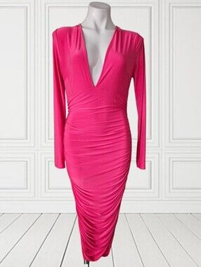 Fashion Nova Deep V-Neck Long Sleeve Ruched Pink Dress Small